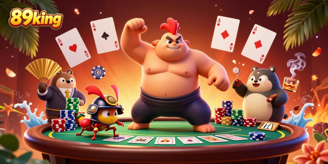 Experience thrilling poker action with 89king in a vibrant 3D scene featuring powerful characters and dynamic gaming elements.