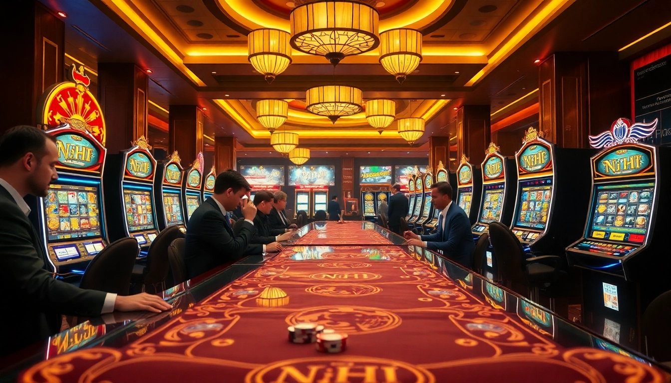 Exciting nổ hũ gaming scene with vibrant slot machines and engaged gamblers.