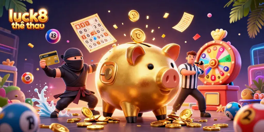 Experience excitement with luck8 thể thao as a piggy bank sumo wrestler lifts coins in victory during a thrilling betting scene.