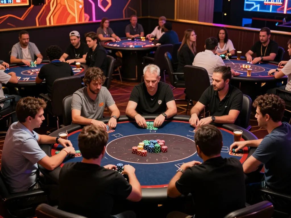 Experience intense poker gameplay at OK365 with lively tournament action, colorful chips, and engaged players
