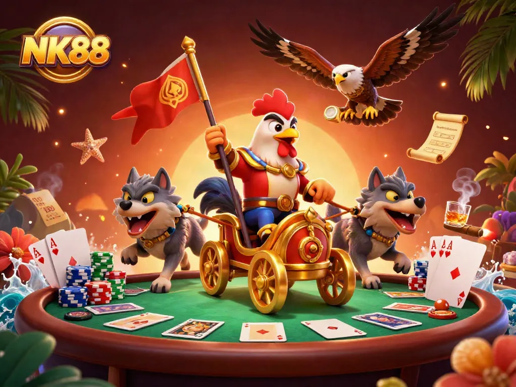 Engage in thrilling NK88 poker battles with a rooster warlord leading a fierce game atmosphere.