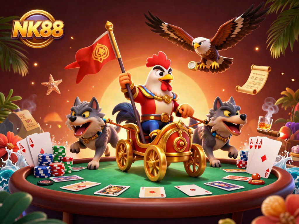 Engage in thrilling NK88 poker battles with a rooster warlord leading a fierce game atmosphere.