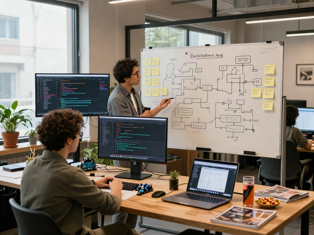 AI-driven development scene with software engineers working on innovative projects related to ia +18, showcasing collaboration in a modern workspace.