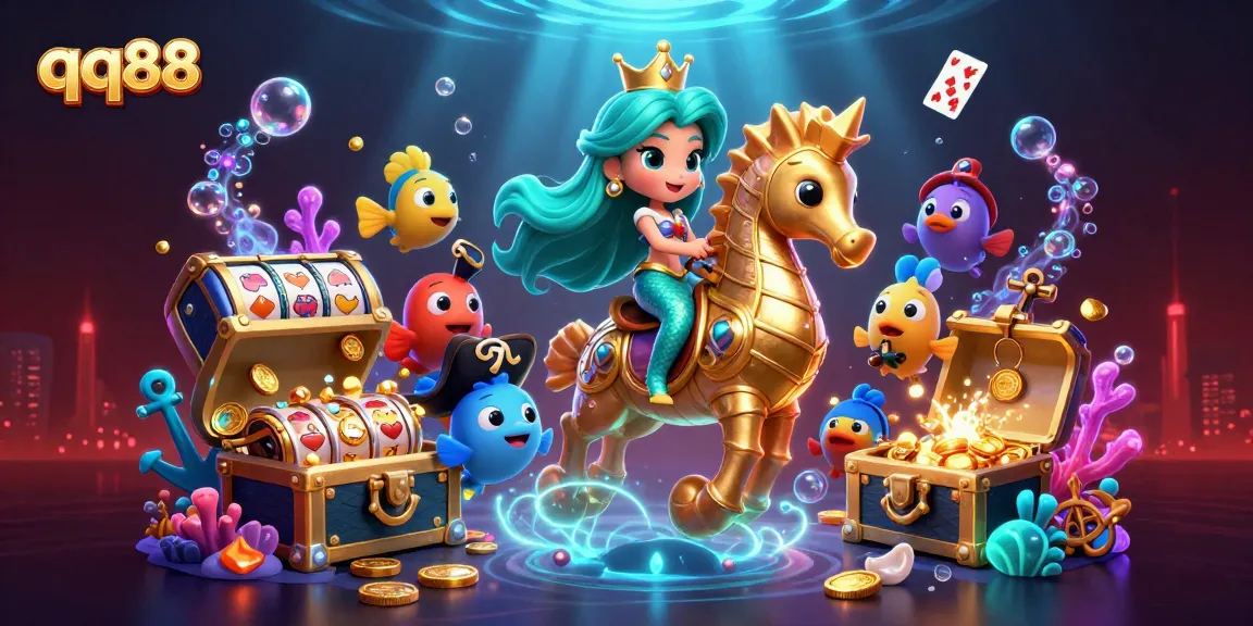 Experience thrilling slots with qq88 as a colorful mermaid princess and seahorse explore magical underwater treasures.