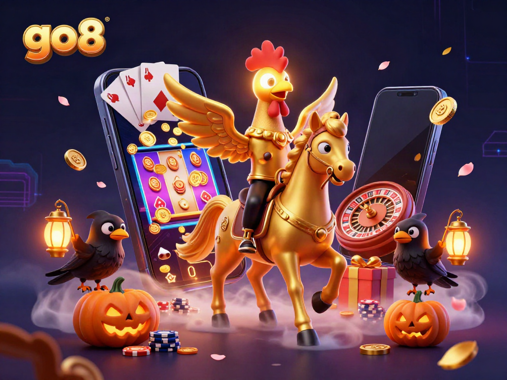 Spin the reels and win big at go8 casino, featuring a golden rooster in a vibrant midnight scene.
