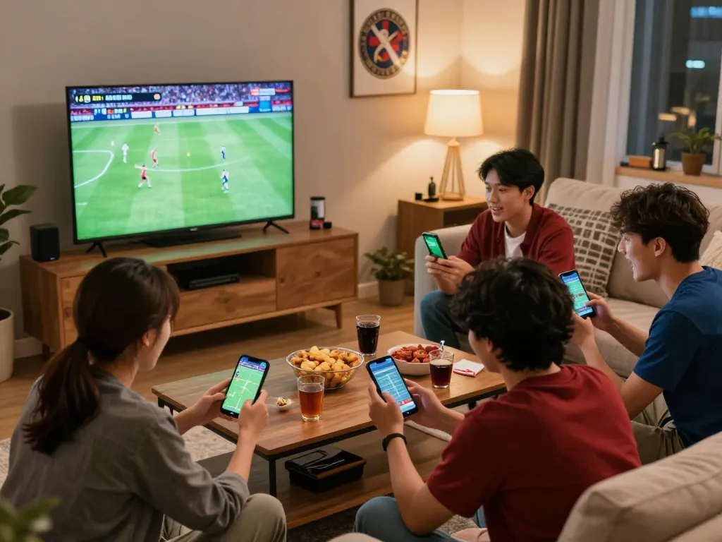 Friends placing bets on their mobile devices while watching a sports game, showcasing debet excitement in a lively home setting.