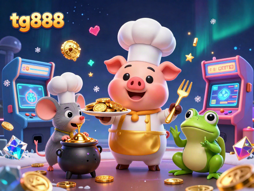 Experience vibrant gaming fun at tg888 with a 3D chef serving gold coins amidst energetic casino elements.