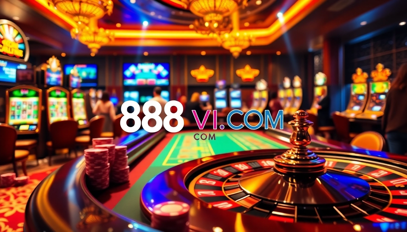 Experience thrilling gameplay at 888VI COM with poker chips, roulette, and slot machines.