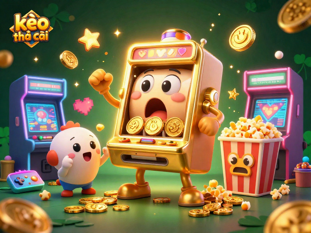 Experience the excitement of kèo nhà cái with a lively 3D cartoon illustration featuring slot machines and arcade games.