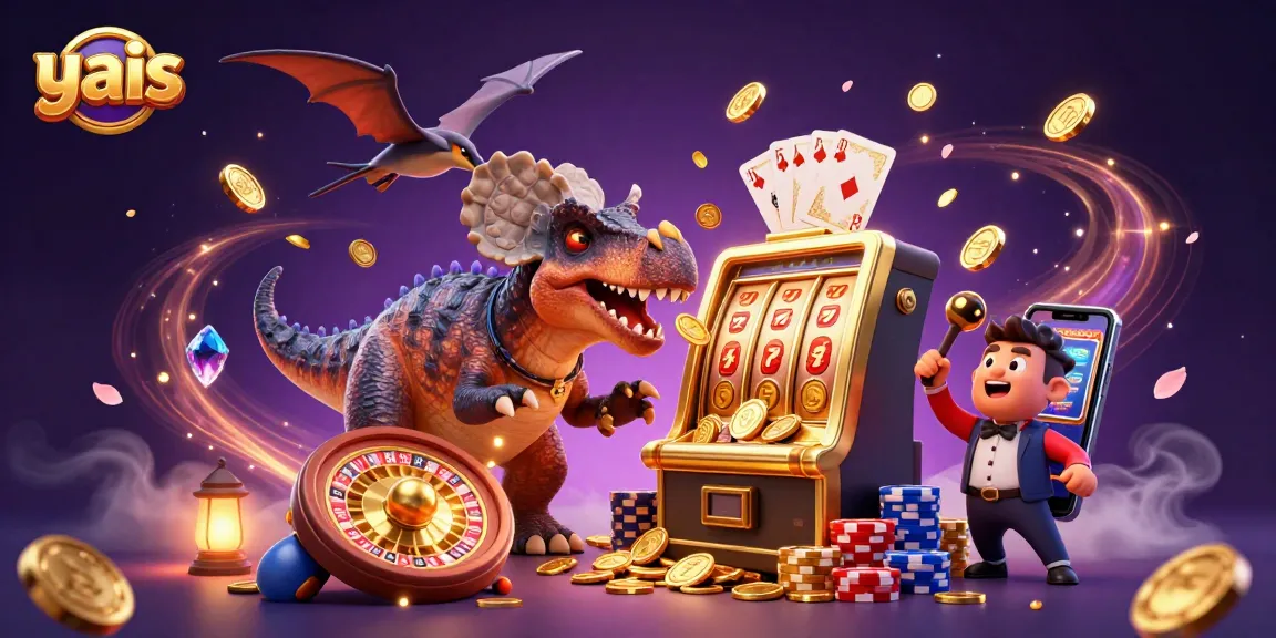 yais showcases vibrant 3D cartoon casino scene featuring playful dinos amidst jackpot coins.
