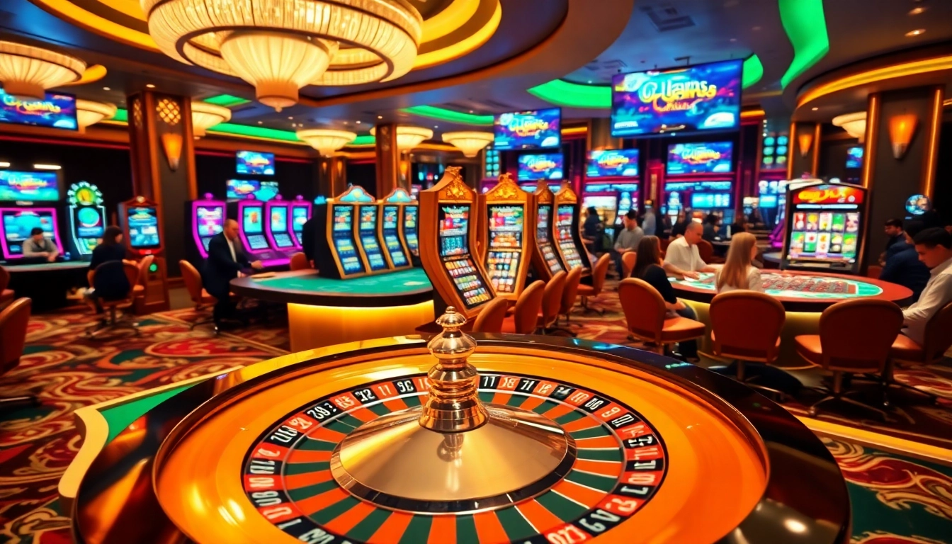 A vibrant casino scene featuring roulette and slot machines at https://bl555.rocks/, embodying excitement and luxury for gamers.