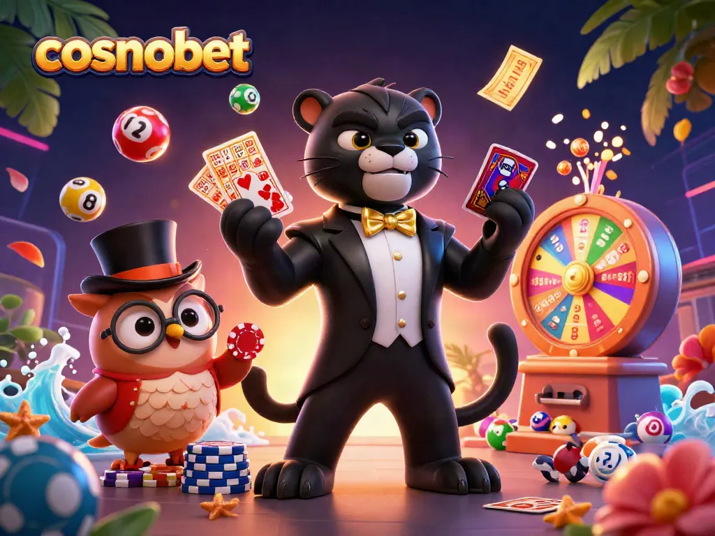 Experience thrilling action at cosmobet with vibrant characters and casino elements in this lively 3D illustration.