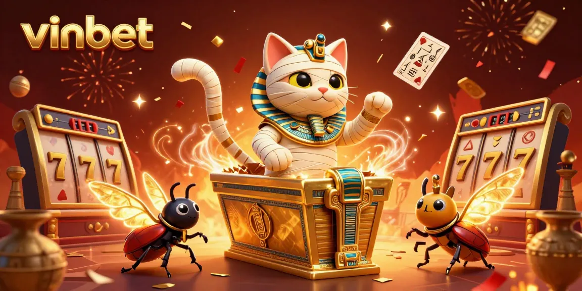Experience thrilling gameplay with vinbet in this vibrant casino scene featuring a mummy cat and jackpot elements.