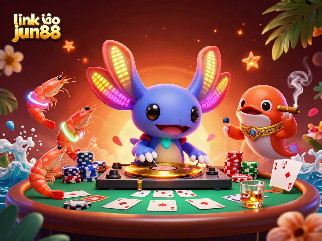 Join the party with link vào jun88 at the lively casino scene featuring DJ axolotl and vibrant shrimp crew.