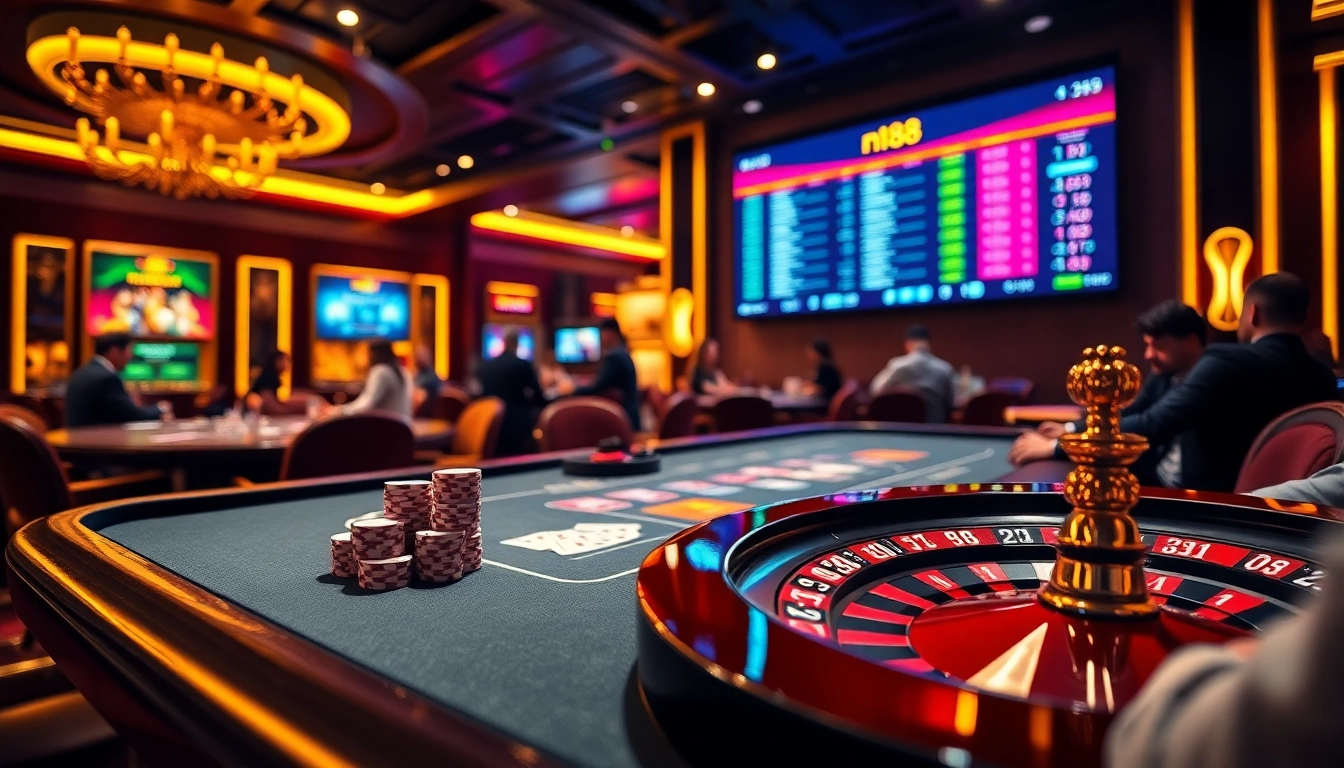 Join the excitement of gambling at n188 with an immersive casino experience featuring tables and chips.