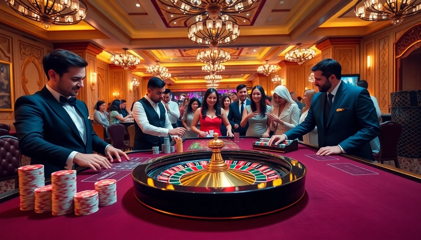 Experience the excitement of typhu88 with vibrant casino tables and professional croupiers in a luxurious setting.