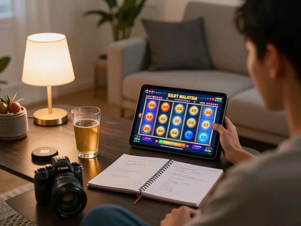 Engaging in Slot Malaysia gameplay on tablet, showcasing vibrant online slot interface from a cozy home setup.