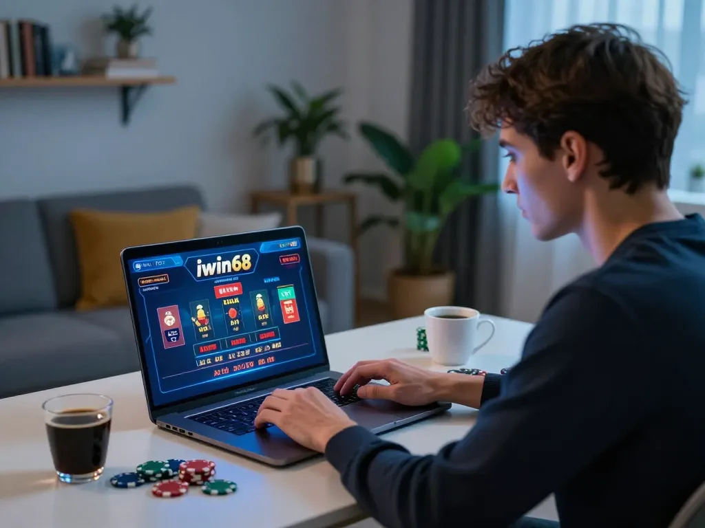 Engaging with iwin68 blackjack on a laptop, showcasing concentration and strategic play in a cozy atmosphere.