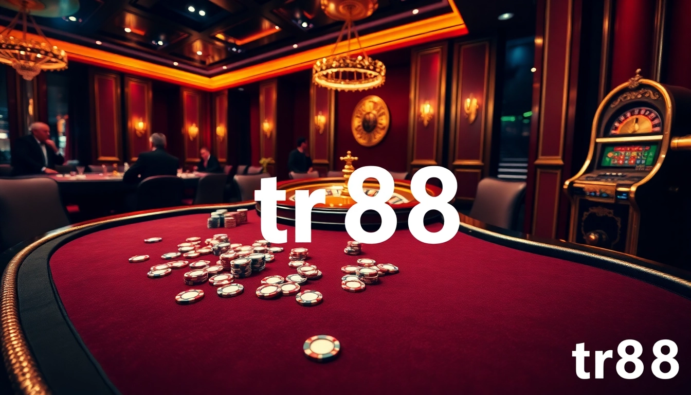 Players winning large jackpots at the TR88 casino with vibrant poker chips in focus.