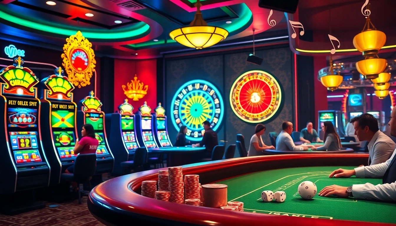 Experience luck 8 at a vibrant casino with slot machines, tables, and winning players.