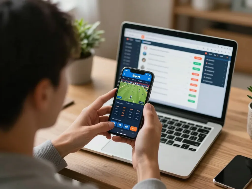 Engaging user places bets on Bsport app in modern home office setting