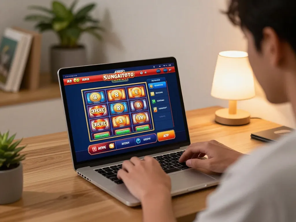 Engaging with the apk sungaitoto for online gambling on a laptop in a cozy home setup.