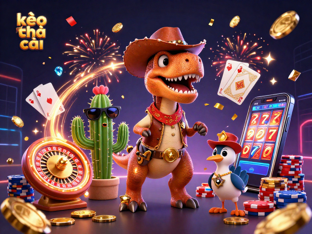 Engage with kèo nhà cái by enjoying vibrant casino action featuring a dinosaur cowboy, poker chips, and roulette.