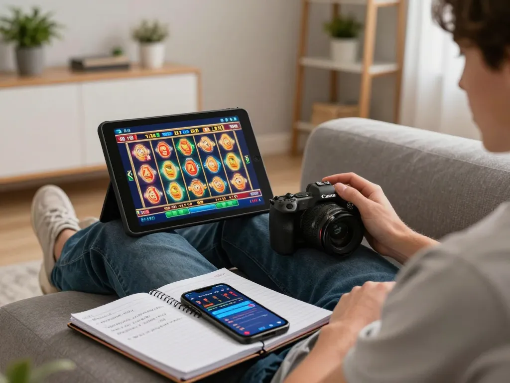 Engaging online gambling session with person using tablet for DW8 slots, featuring strategic notes and dynamic graphics.