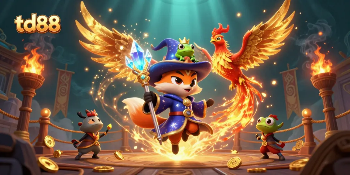 Engage with exciting td88 gaming elements featuring a wizard fox, phoenix, and golden tokens.