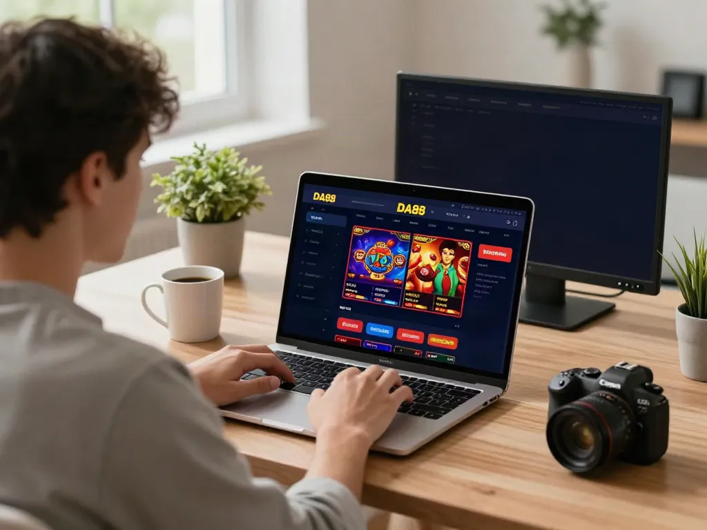 Engaged user exploring 1da88.it.com online gambling platform in a cozy home office.