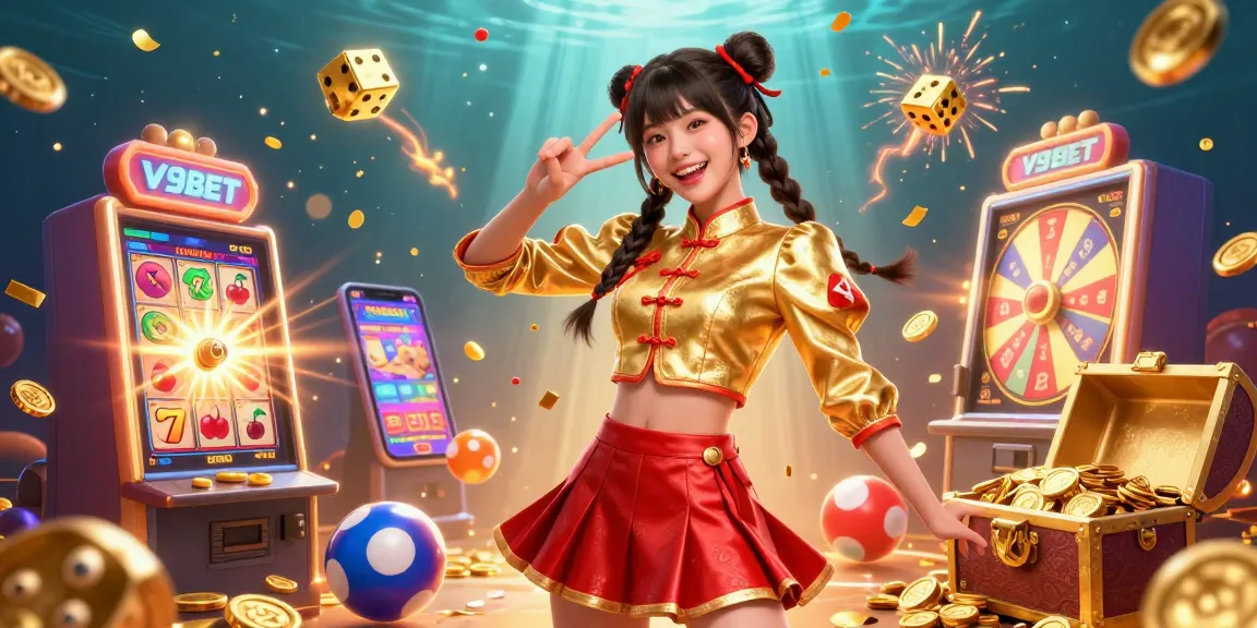 Experience the excitement of V9BET with vibrant gaming elements and promotional action.