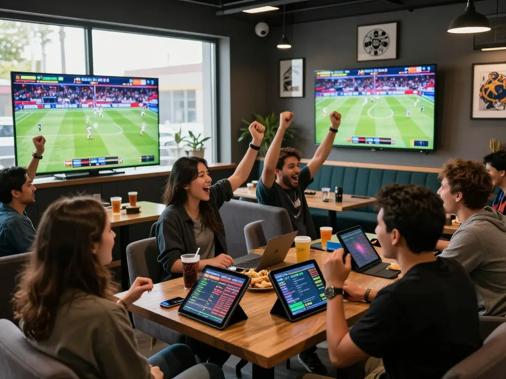 Excited group engaging in 1gom sports betting event with screens and drinks.