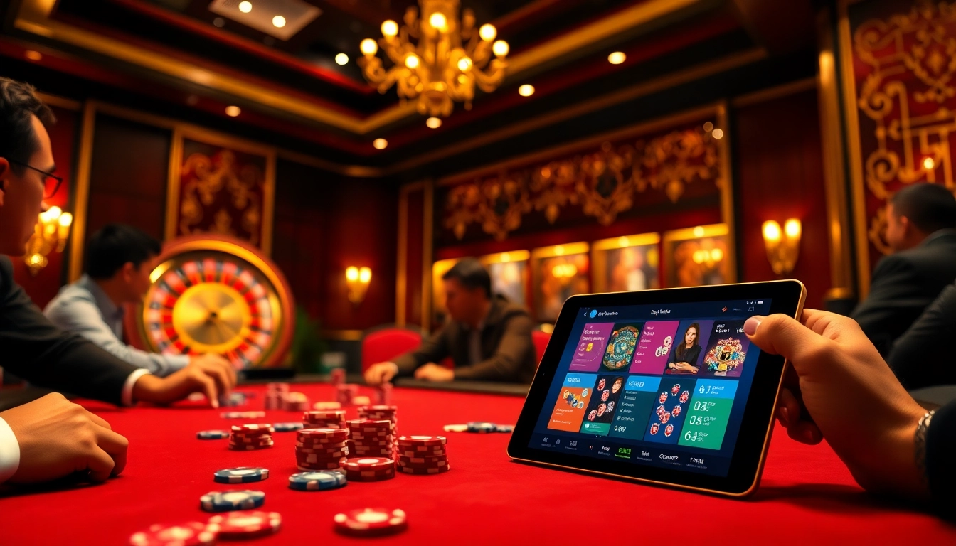Exciting poker action and roulette wheel in a luxurious casino setting related to bdtk66 blog.