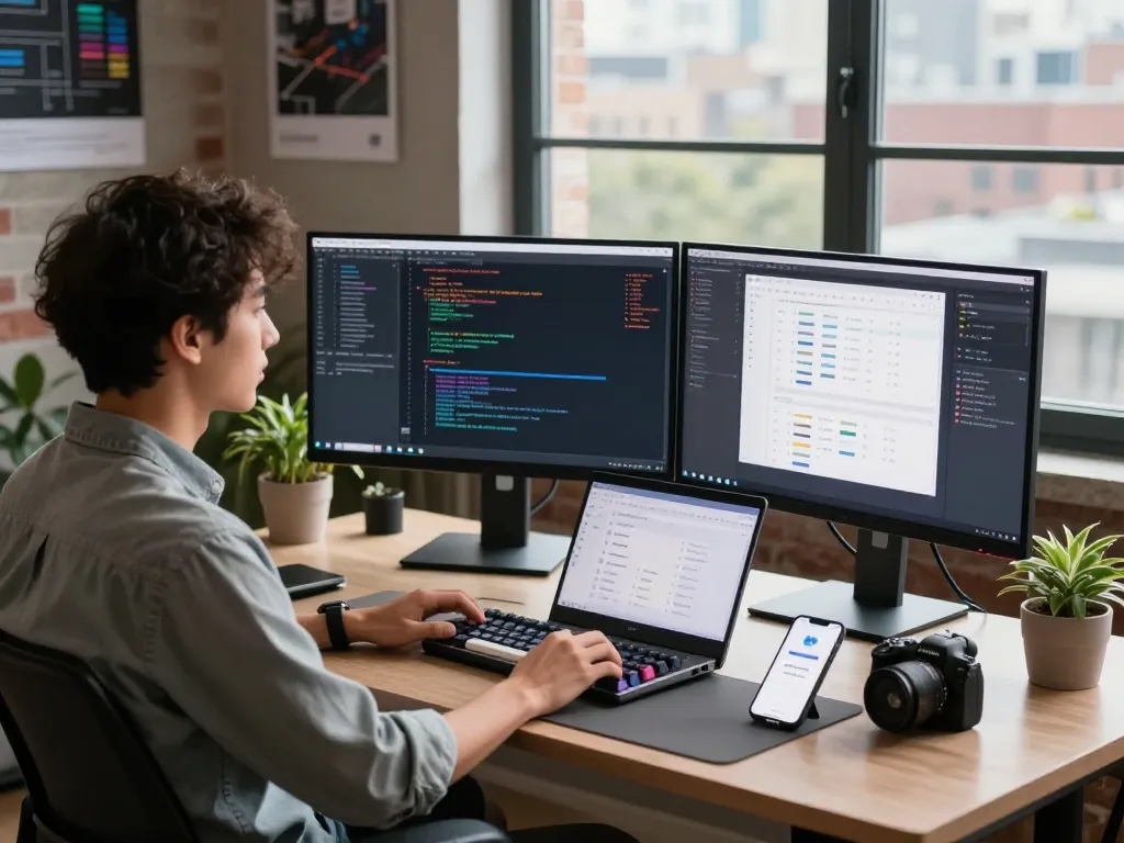Developer using OpenClawd at a vibrant coding workspace with multiple monitors and modern tech elements.