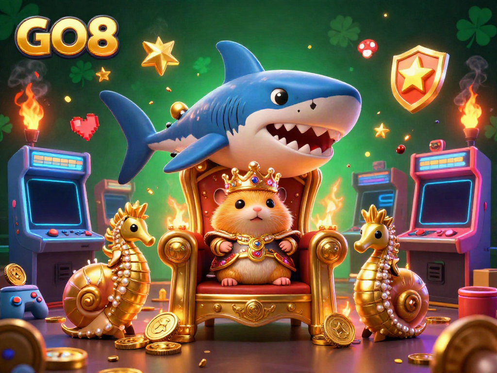 Immerse in the vibrant world of GO8 with a golden hamster king on a shark tooth throne, surrounded by arcade game elements.