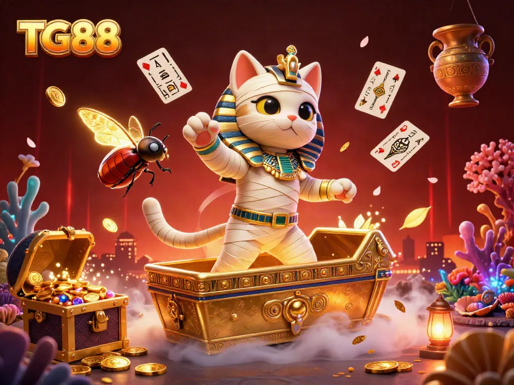 Experience vibrant gaming with TG88's Egyptian casino scene featuring a mummy cat and glowing scarab beetle.