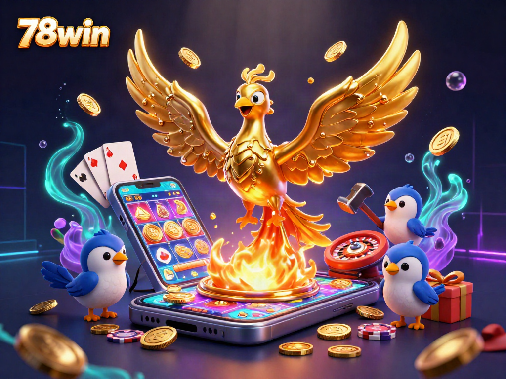 Engage in thrilling gameplay with 78win as vibrant golden phoenix symbolizes jackpot wins and dynamic casino action.