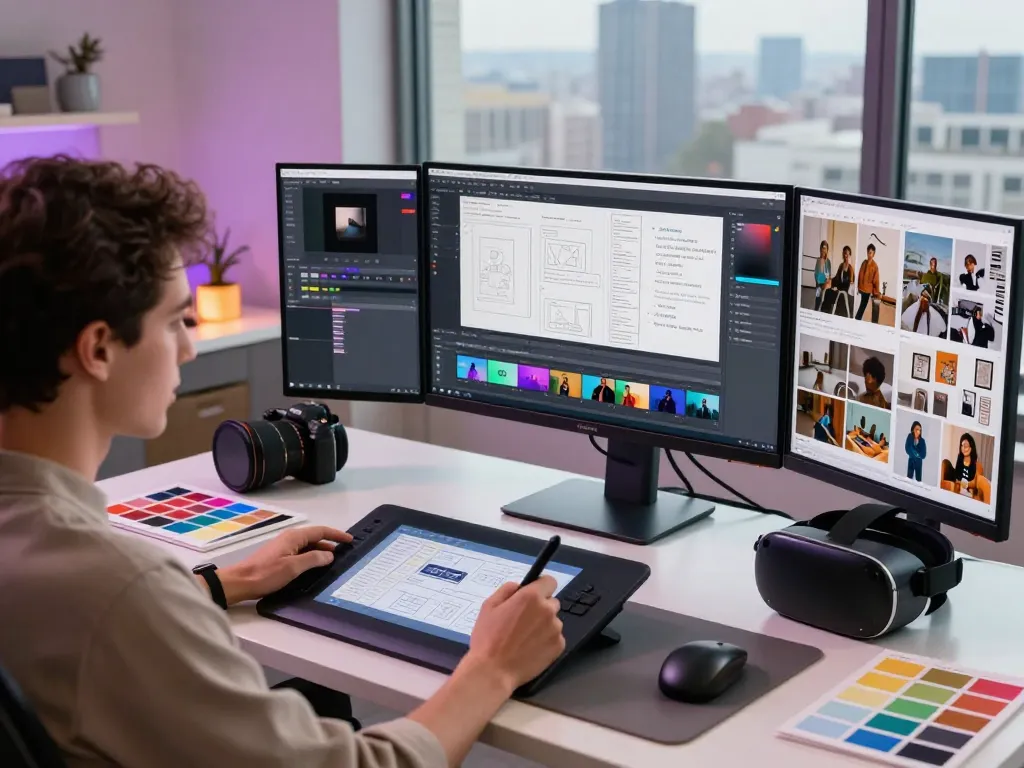 Content creator using Seedance AI for video production in a modern workspace.