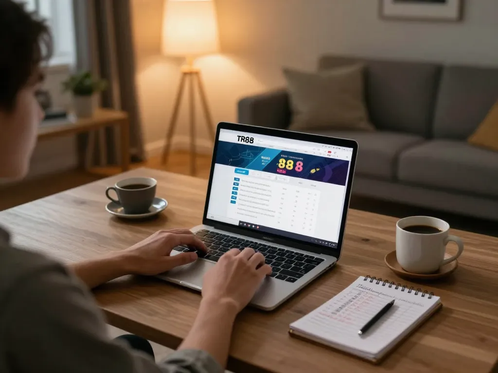 Engaged player utilizing TR88 bet platform on laptop in cozy home setup