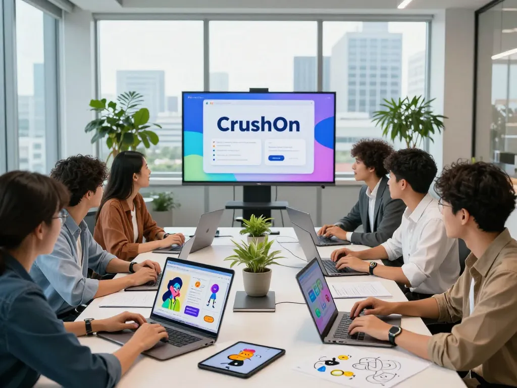 Engaging CrushOn collaboration scene in a modern office with characters and technology.