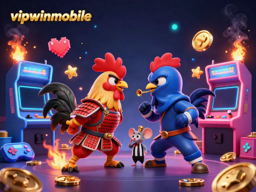 Engage with vipwinmobile's thrilling casino experience featuring dynamic fighting roosters and arcade elements.