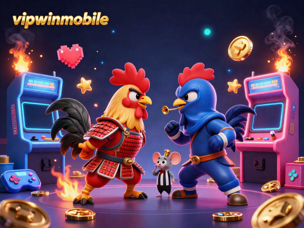 Engage with vipwinmobile's thrilling casino experience featuring dynamic fighting roosters and arcade elements.
