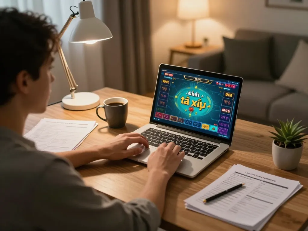 Engaging in a game tài xỉu online at home, showcasing strategic gameplay with notes and laptop.