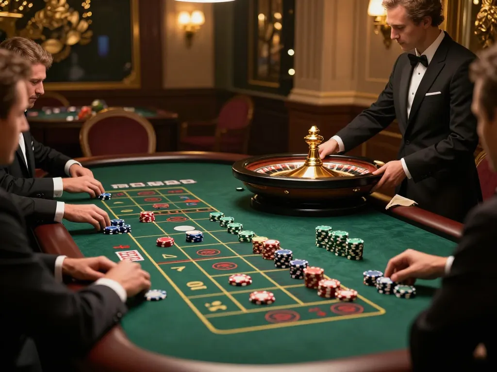 Join the excitement at DA88 roulette table with players placing bets and croupier spinning the wheel