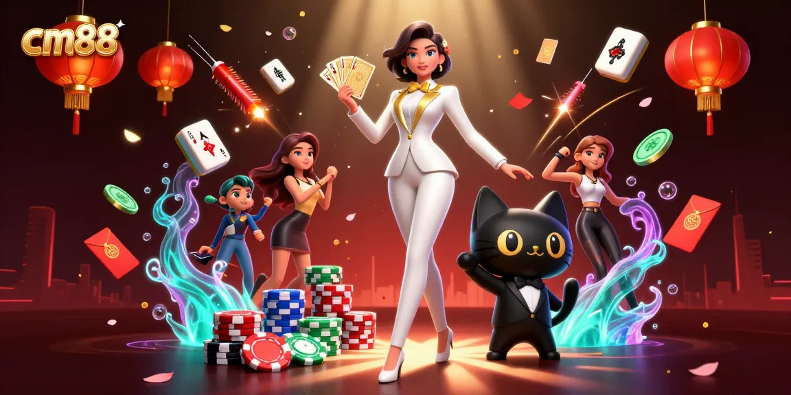 Experience cm88's thrilling gaming atmosphere with shuffling cards and vibrant decorations.