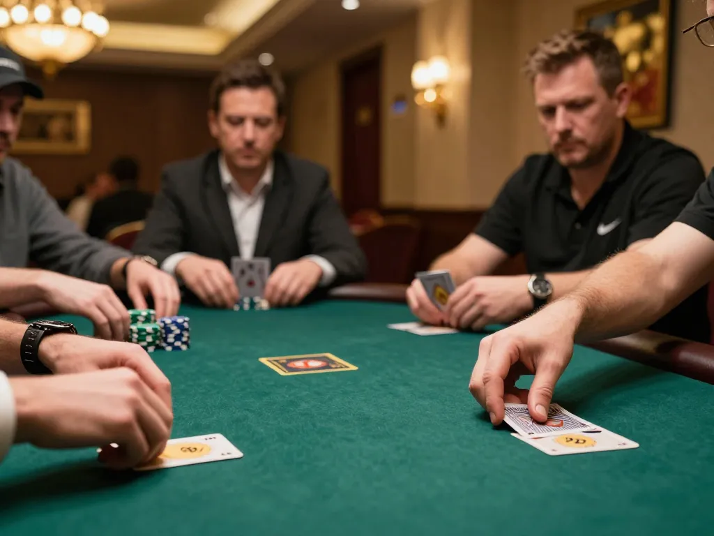 Engaging poker action showcasing players in a competitive nhacaiuytinn environment, with hands holding cards and chips stacked.