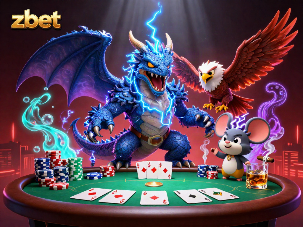 Zbet showcases electrifying casino action with a thunder dragon, poker elements, and vibrant energy.