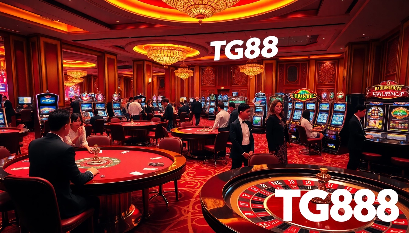 Experience the excitement of TG88 in a luxurious casino setting filled with gaming tables and vibrant slot machines.