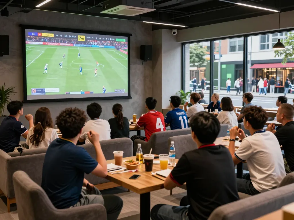 Live football fans enjoying updates on 7m scores in a vibrant lounge.