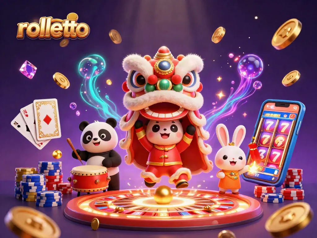 Experience the excitement of rolletto with a festive 3D casino illustration showcasing unique characters and rich gaming elements.